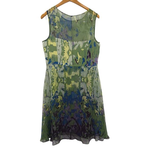 Vessel by Timo  Flowy 100% Silk Green Abstract Print Lace Inset Dress Size 12 - Picture 11 of 12